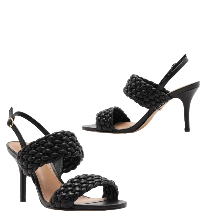 Sandália Arezzo Preta Salto Médio Fino Slingback Tramada