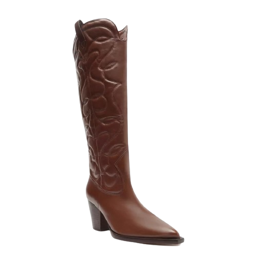 Bota Arezzo Marrom Couro Cano Longo Western Costuras