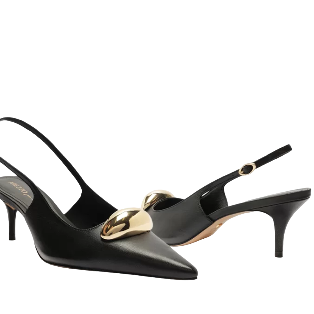 Scarpin Arezzo Preto Couro Slingback Metal Silvia Braz