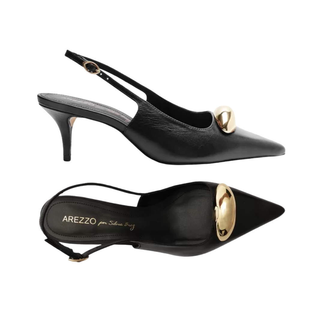 Scarpin Arezzo Preto Couro Slingback Metal Silvia Braz