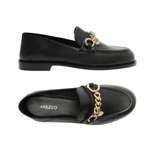 Mocassim Arezzo Preto Couro Corrente Pingente