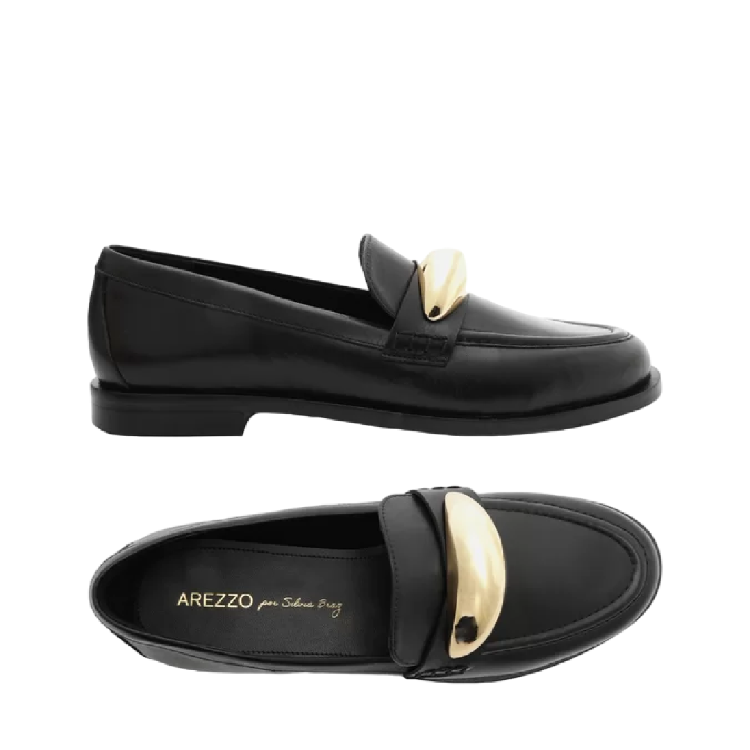 Mocassim Arezzo Preto Couro Metal Bold Silvia Braz