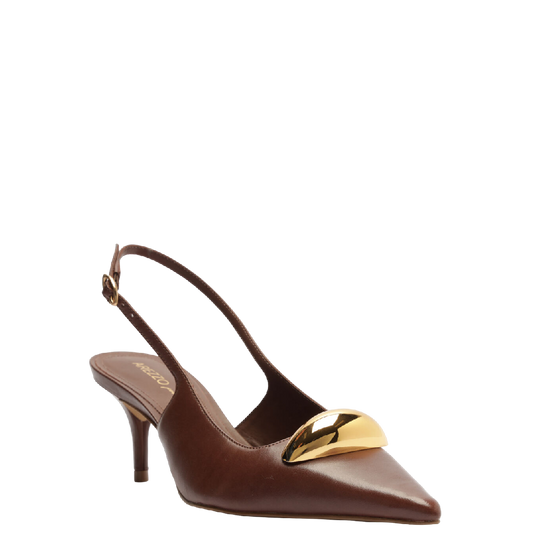 Scarpin Arezzo Couro Slingback Metal Silvia Braz Marrom