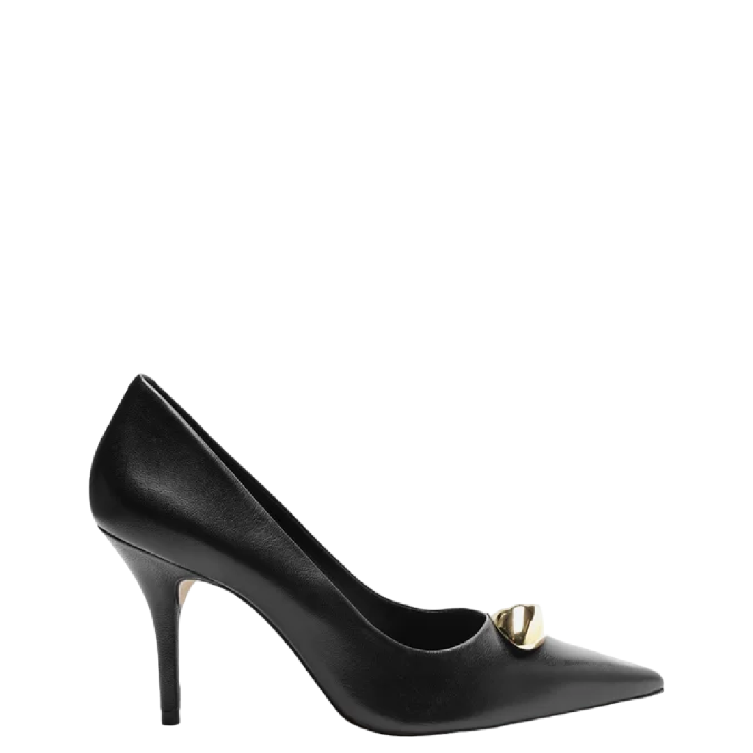 Scarpin Arezzo Preto Couro Salto Fino Metal Silvia Braz