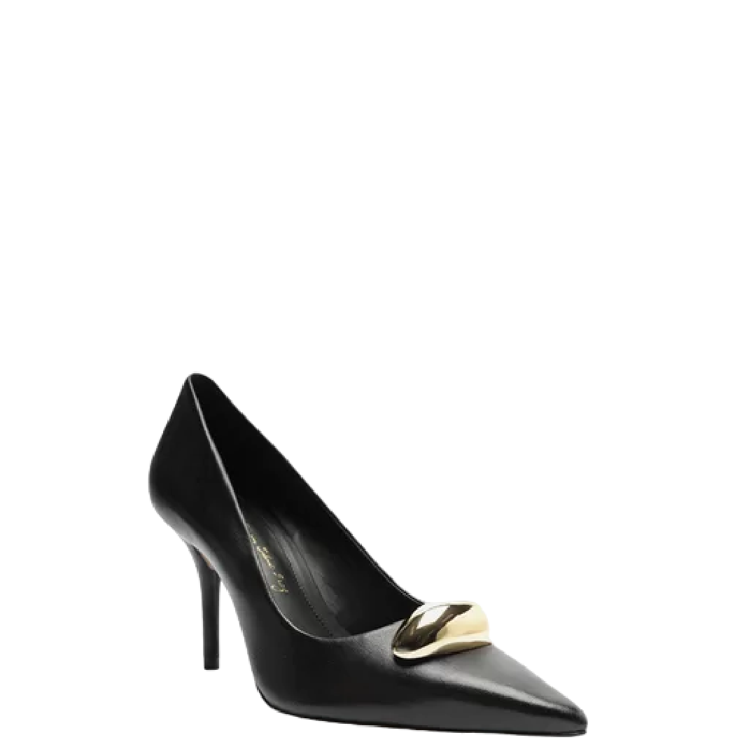 Scarpin Arezzo Preto Couro Salto Fino Metal Silvia Braz