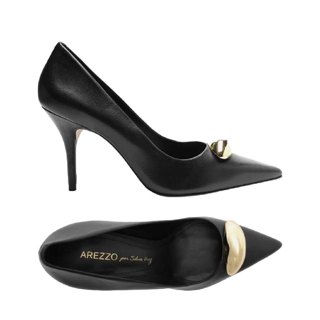 Scarpin Arezzo Preto Couro Salto Fino Metal Silvia Braz