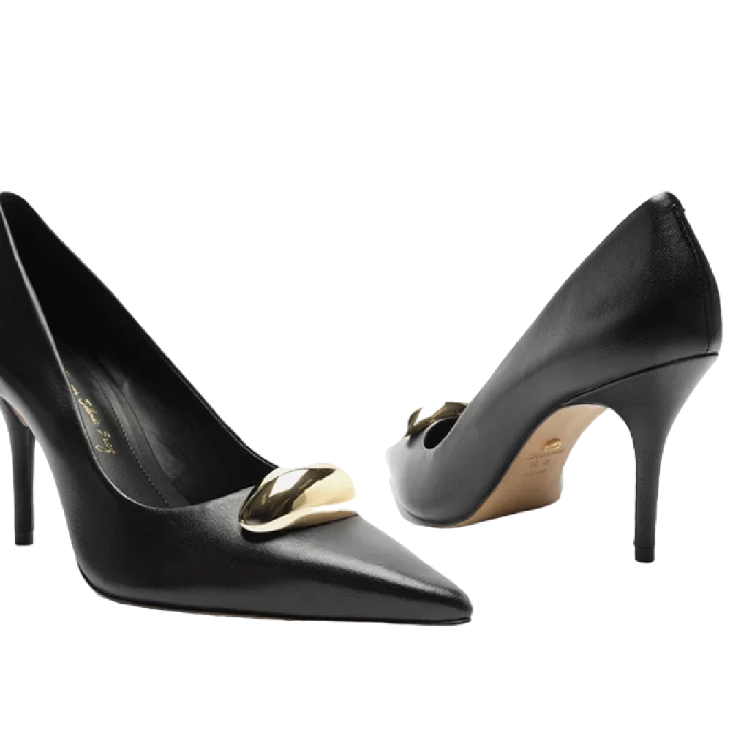 Scarpin Arezzo Preto Couro Salto Fino Metal Silvia Braz