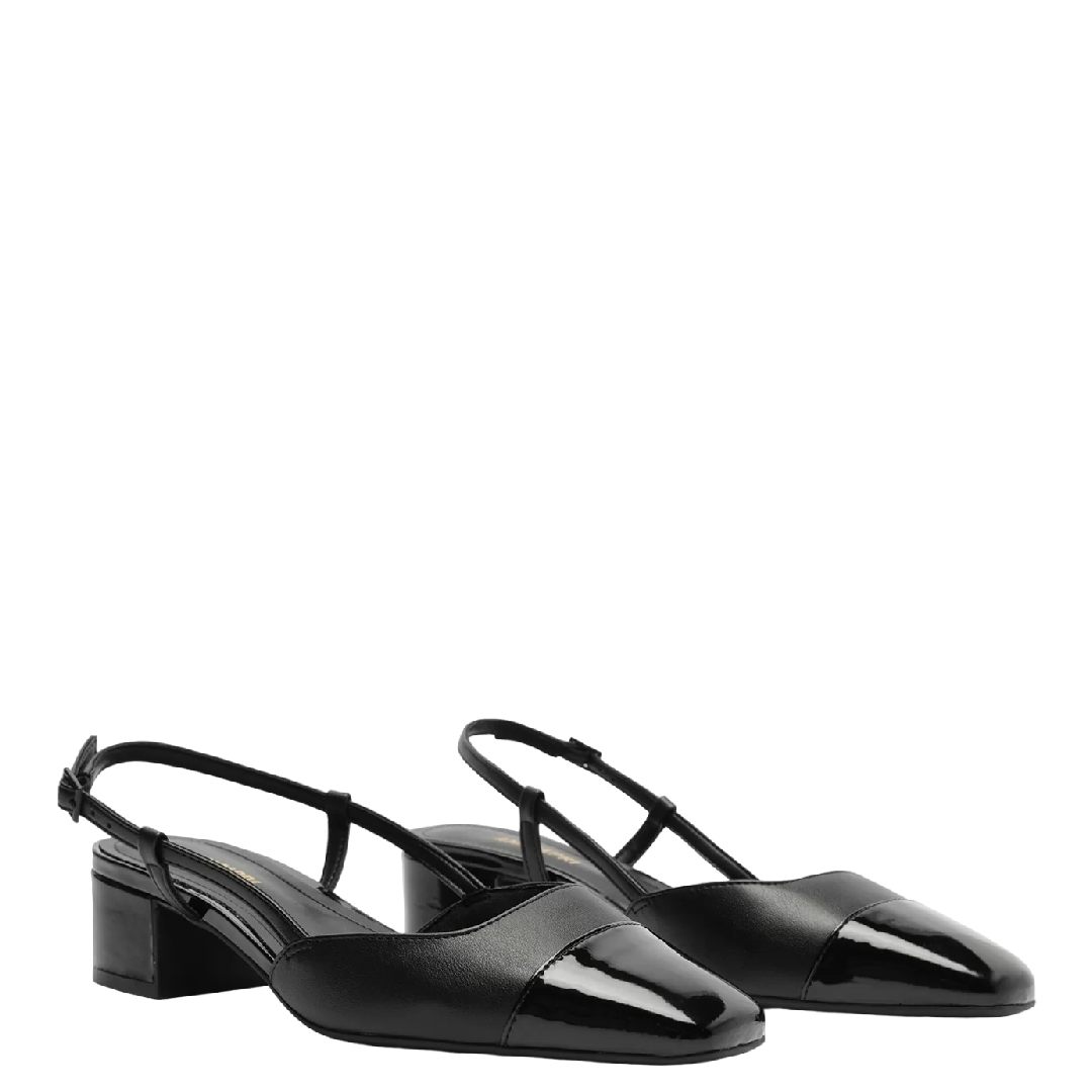 Sapatilha Anacapri Slingback Salto Bloco Ponta Preta Verniz