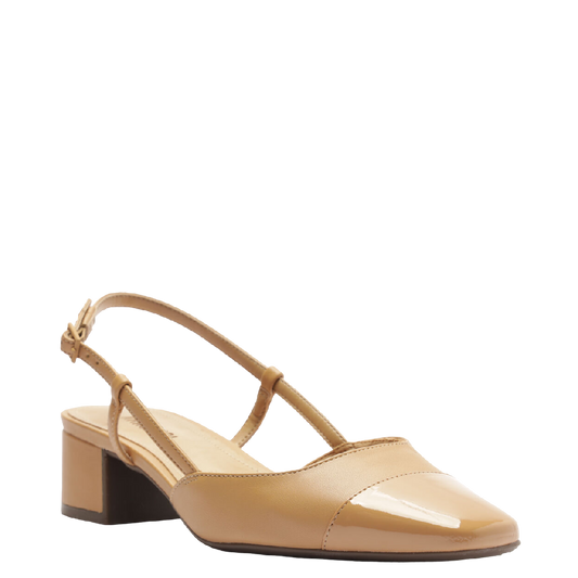 Sapatilha Anacapri Slingback Salto Bloco Ponta Bege Verniz