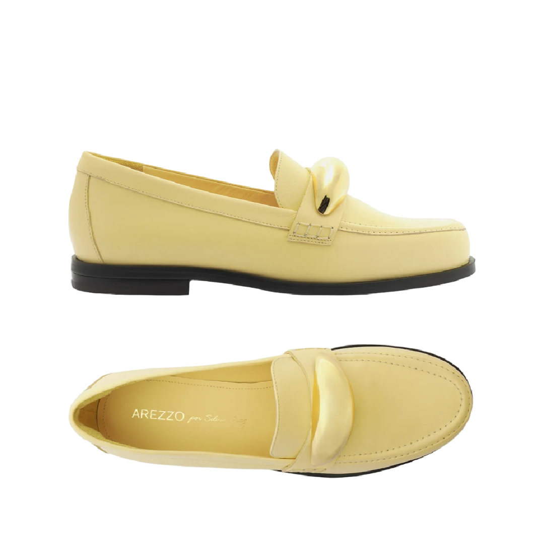 Mocassim Arezzo Amarelo Couro Metal Bold Silvia Braz