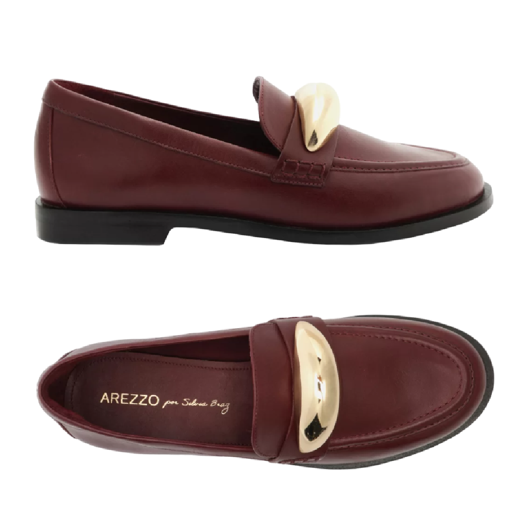 Mocassim Arezzo Vinho Couro Metal Bold Silvia Braz