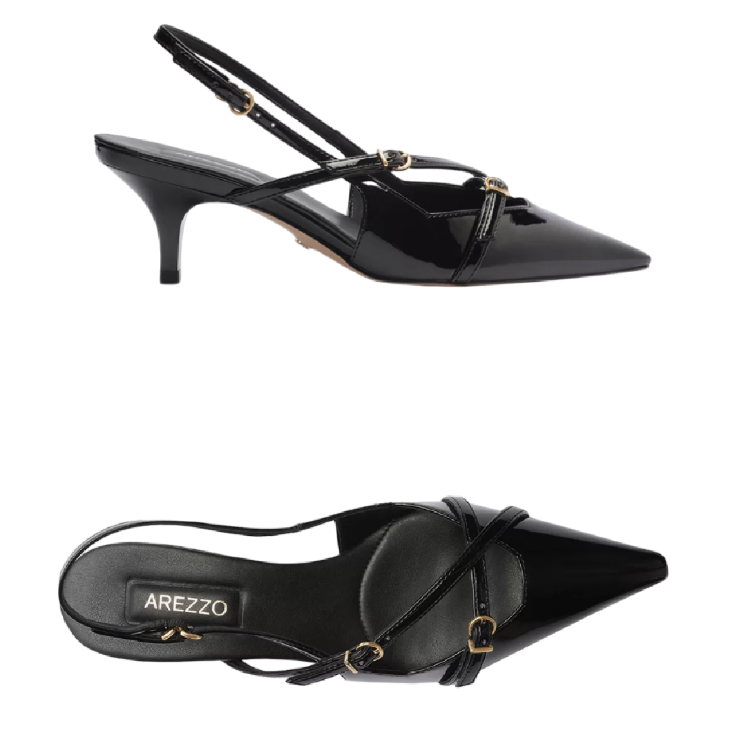 Scarpin Arezzo Preto Verniz Salto Médio Slingback Amélia