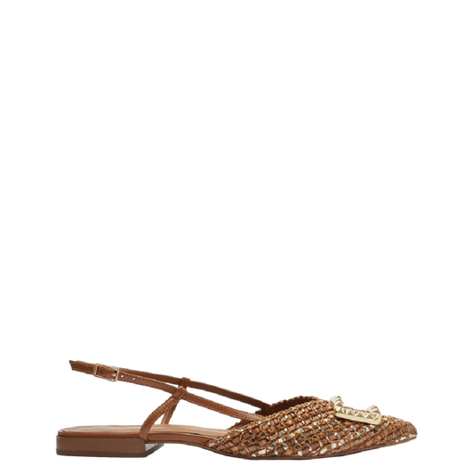 Sapatilha Arezzo Marrom/Dourado Tressê Bico Fino Slingback