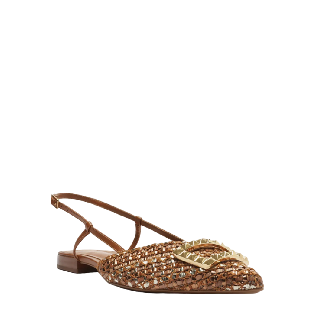 Sapatilha Arezzo Marrom/Dourado Tressê Bico Fino Slingback