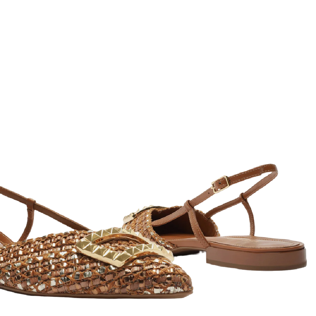 Sapatilha Arezzo Marrom/Dourado Tressê Bico Fino Slingback