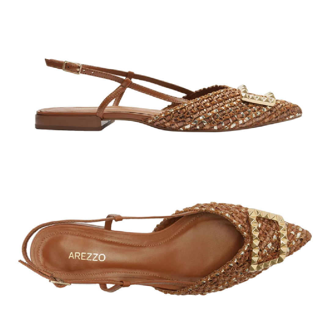 Sapatilha Arezzo Marrom/Dourado Tressê Bico Fino Slingback