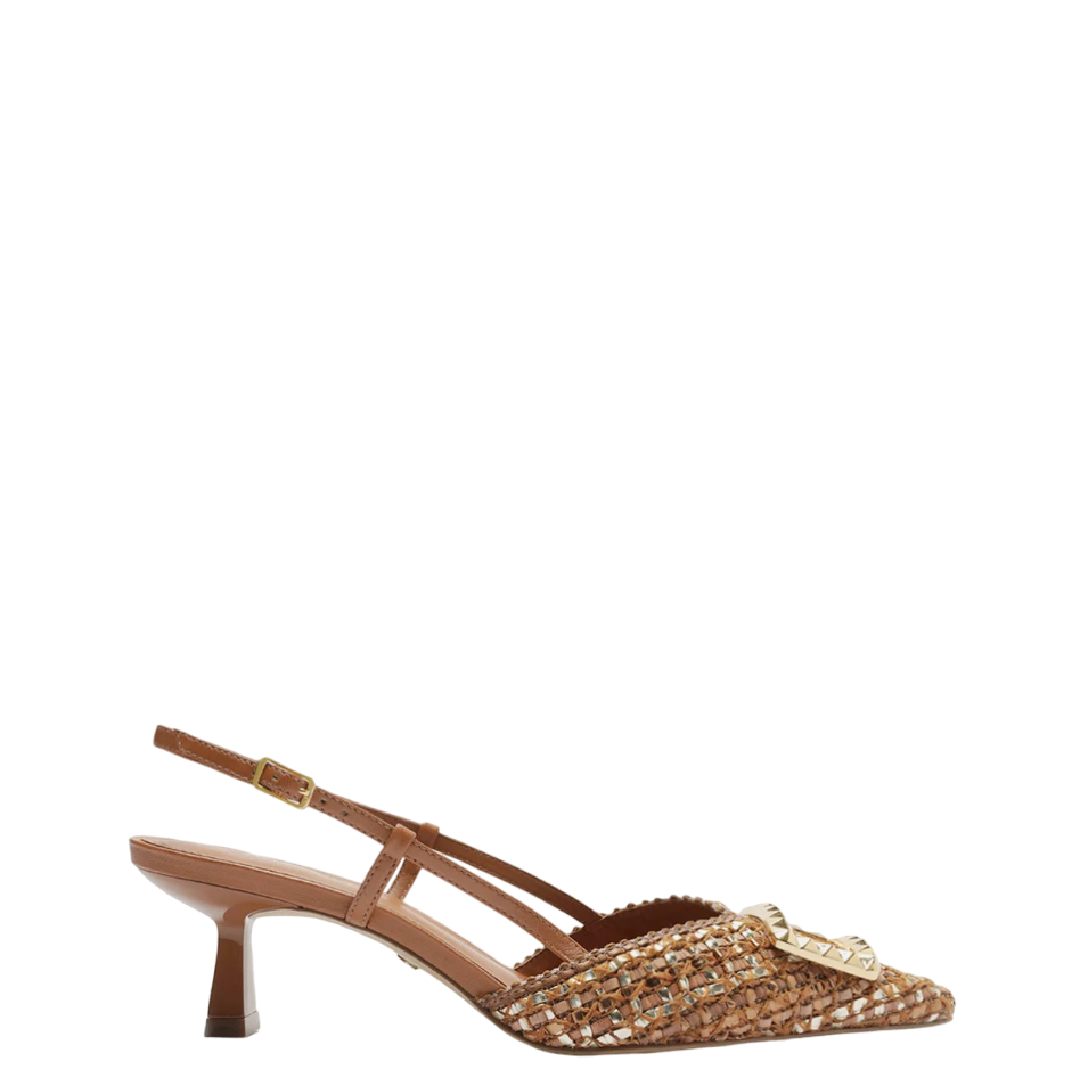 Scarpin Arezzo Marrom Tressê Bico Fino Slingback Metal