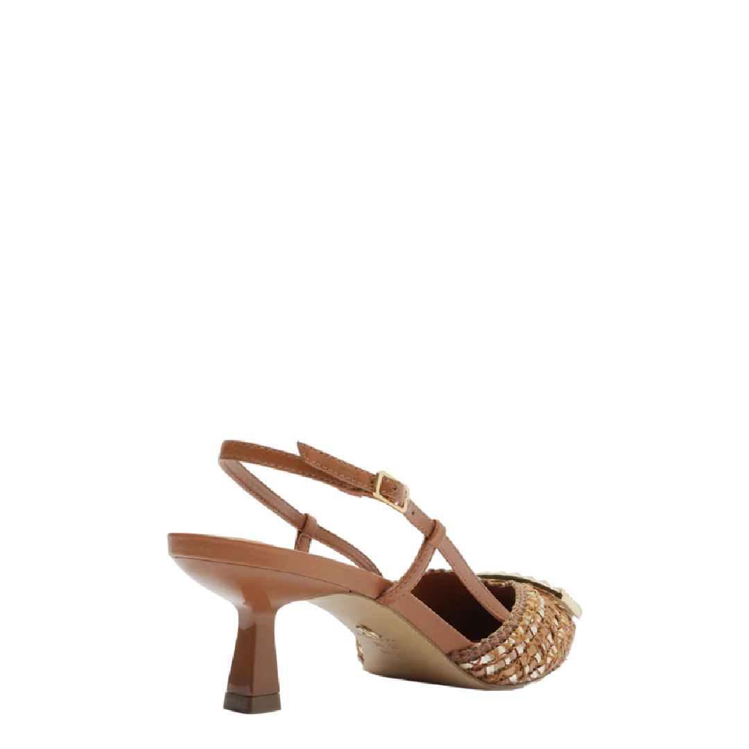 Scarpin Arezzo Marrom Tressê Bico Fino Slingback Metal