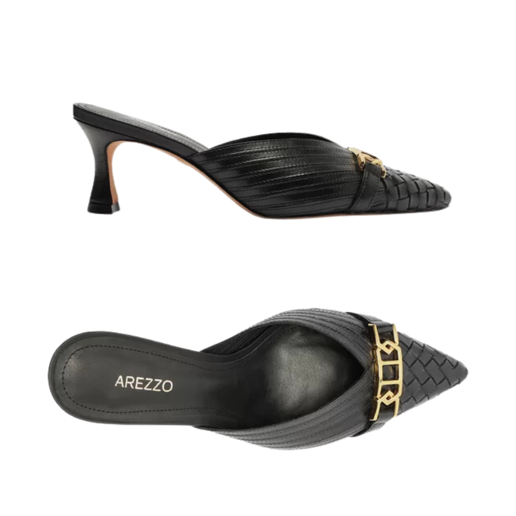 Mule Arezzo Preta Couro Bico Fino Slingback Metal